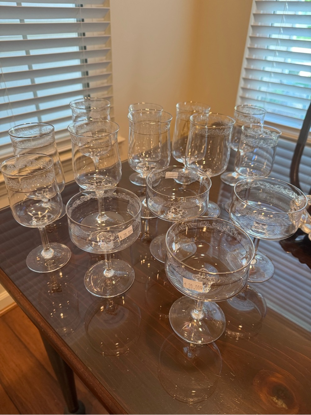 Etched Clear Crystal Wine and Coupe Glasses - Set of 14
